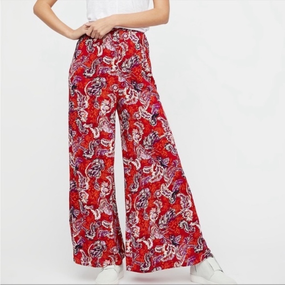 Free People Paisley Flowy Pant Red Wide Leg - Picture 1 of 11